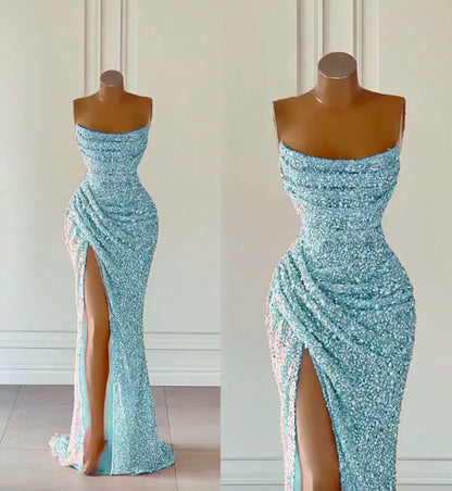 Élégante robe de bal sirène sans bretelles à paillettes Tenues d'anniversaire P380