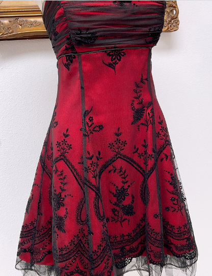 Vintage Black Tulle Lace Pink Satin A-line Birthday Short Skirt Homecoming Dress P3812