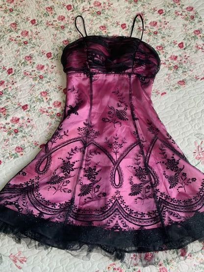 Vintage Black Tulle Lace Pink Satin A-line Birthday Short Skirt Homeco PreppyDress Vintage Black Tulle Lace Pink Satin A-line Birthday Short Skirt Homeco PreppyDress