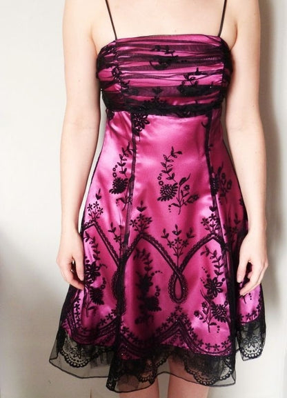 Vintage Black Tulle Lace Pink Satin A-line Birthday Short Skirt Homecoming Dress P3812