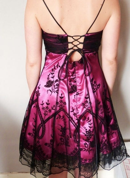 Vintage Black Tulle Lace Pink Satin A-line Birthday Short Skirt Homecoming Dress P3812