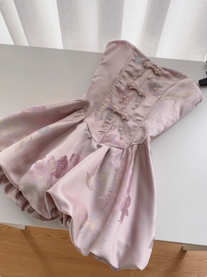 Süßes französisches Perlen-Knopf-Ärmelloses Tube-Top Jacquard-Geburtstagskleid Kurzer Rock Abschlussballkleid P3831