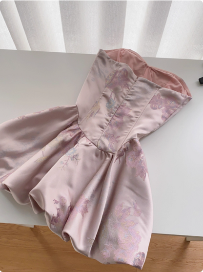 Süßes französisches Perlen-Knopf-Ärmelloses Tube-Top Jacquard-Geburtstagskleid Kurzer Rock Abschlussballkleid P3831