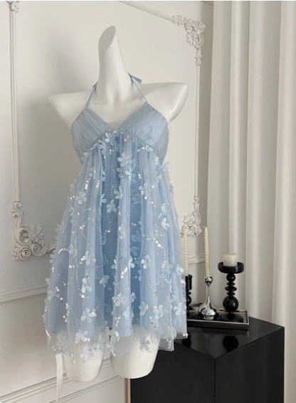 Sweet Light Blue Heavy Sequin Embroidery Three-dimensional Flower Halter Neck Mesh Birthday Short Skirt Homecoming Dress P3837