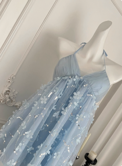Sweet Light Blue Heavy Sequin Embroidery Three-dimensional Flower Halter Neck Mesh Birthday Short Skirt Homecoming Dress P3837