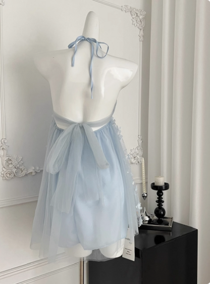 Sweet Light Blue Heavy Sequin Embroidery Three-dimensional Flower Halter Neck Mesh Birthday Short Skirt Homecoming Dress P3837