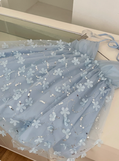 Sweet Light Blue Heavy Sequin Embroidery Three-dimensional Flower Halter Neck Mesh Birthday Short Skirt Homecoming Dress P3837