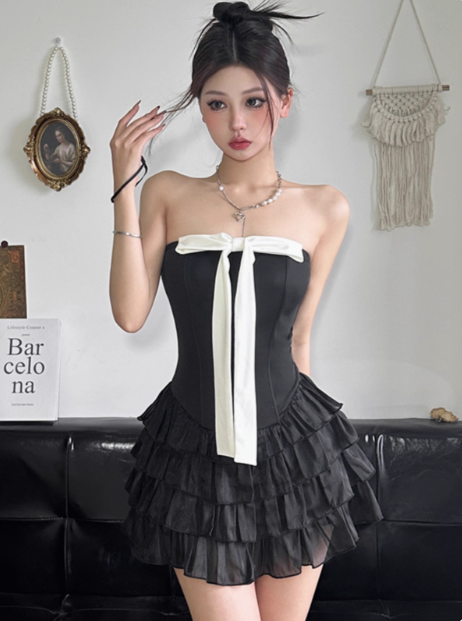 Sweet Black Tube Top Bowknot Herringbone Cake Skirt Homecoming Dress P3841
