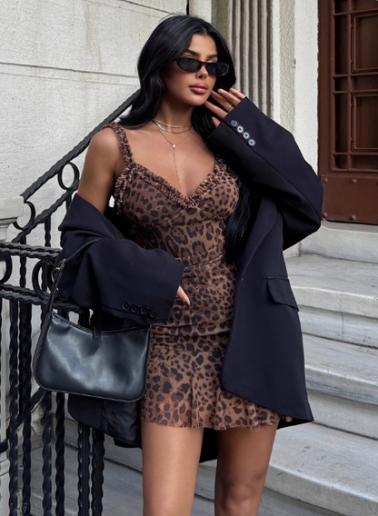 Sexy heißes Mädchen Ohrenspitze Leopardenmuster tief ausgeschnittener V-Ausschnitt Geburtstagsrock Ballkleid P3852