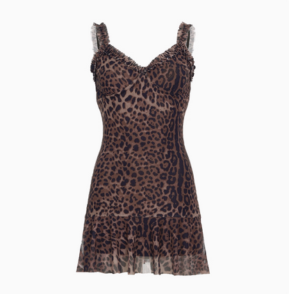 Sexy heißes Mädchen Ohrenspitze Leopardenmuster tief ausgeschnittener V-Ausschnitt Geburtstagsrock Ballkleid P3852