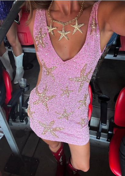 Sexy V-Ausschnitt Seestern Pailletten Rosa Tailliertes Geburtstag Kurzarm-Heimkehrkleid P3862