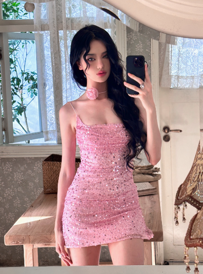 Glitzerndes rosafarbenes Pailletten-Träger-Tube-Top, Hüfte, 17. Geburtstag, Abschlussballkleid P3899