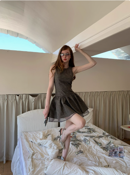 Retro Grau Gepunktetes Ärmelloses A-Linien-Kleid für den 17. Geburtstag Homecoming P3903