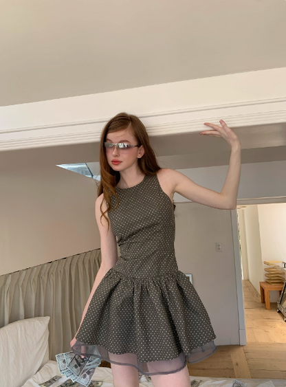 Retro Grau Gepunktetes Ärmelloses A-Linien-Kleid für den 17. Geburtstag Homecoming P3903