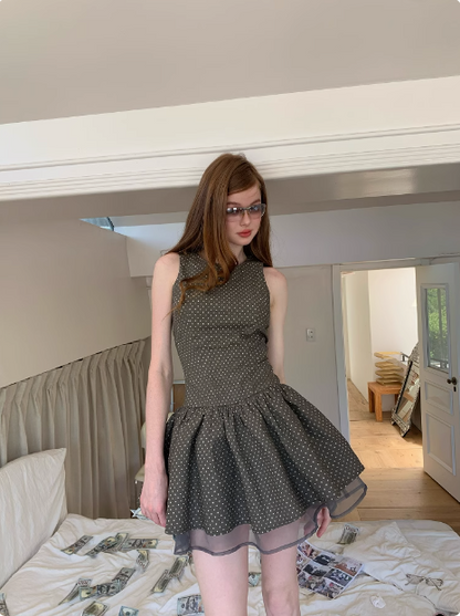 Retro Grau Gepunktetes Ärmelloses A-Linien-Kleid für den 17. Geburtstag Homecoming P3903