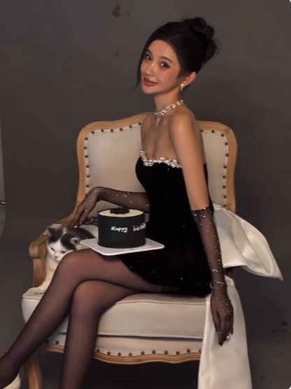 Süßes Tube Top Schwarze Samtschleife 19. Geburtstag Homecoming Kleid P3908
