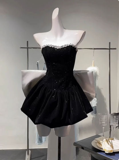 Süßes Tube Top Schwarze Samtschleife 19. Geburtstag Homecoming Kleid P3908