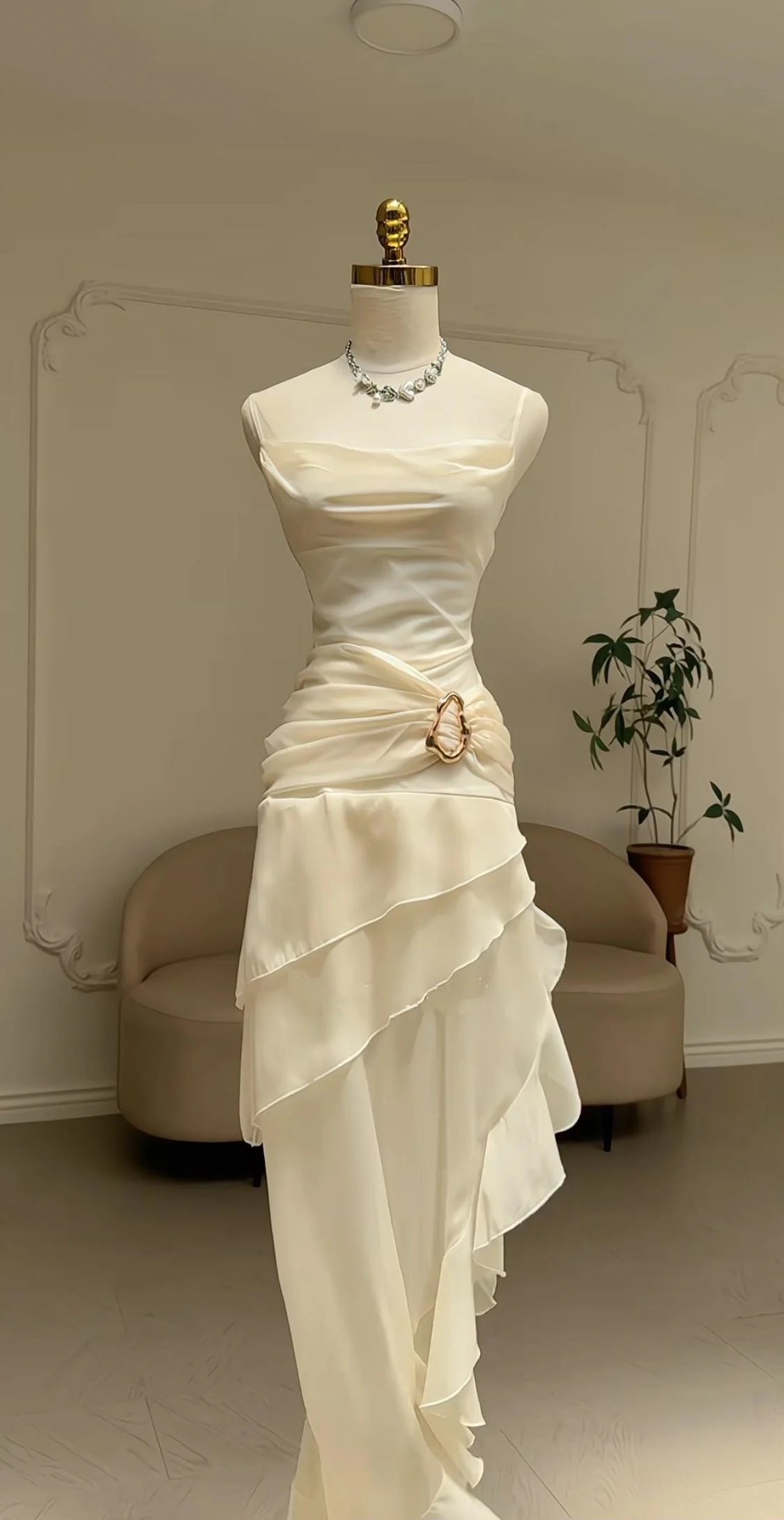 Elegant Chiffon Ivory Strap Irregular Birthday Dress Homecoming Dress P3923