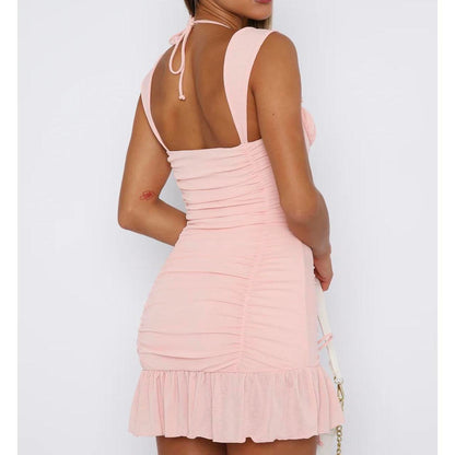 Süßes rosa plissiertes Partykleid mit Schulterträgern und Kordelzug P3927