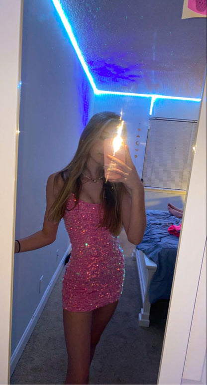 Glänzendes pinkfarbenes, paillettenbesetztes, trägerloses, figurbetontes Homecoming-Kleid P3930