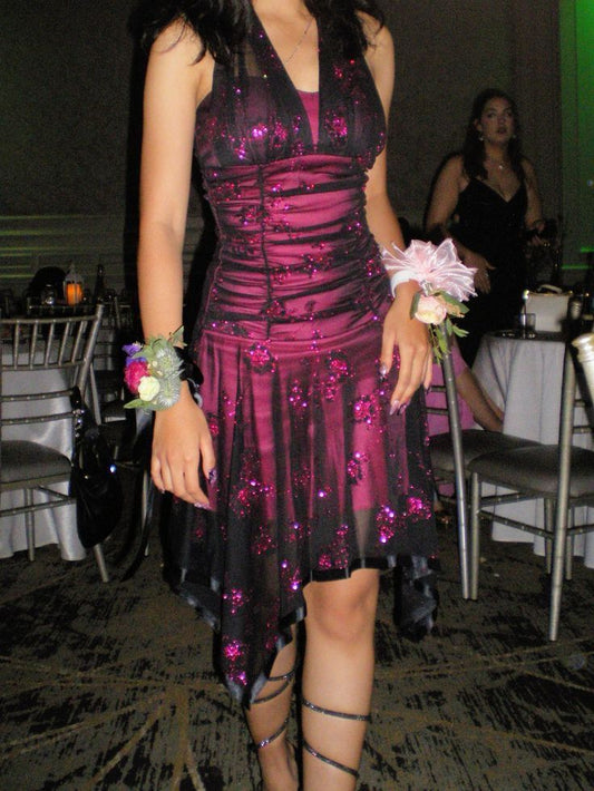 Sexy Pink Black Tulle Sequined Halter Neck Irregular 19th Birthday Homecoming Dress P3931