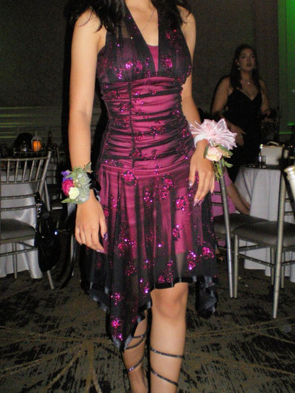 Sexy Pink Black Tulle Sequined Halter Neck Irregular 19th Birthday Homecoming Dress P3931
