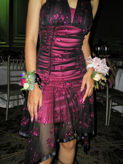 Sexy Pink Black Tulle Sequined Halter Neck Irregular 19th Birthday Homecoming Dress P3931