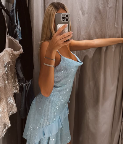 Wunderschönes, schwingendes Trägerkleid mit Pailletten, blauem Rüschenrock, für den 17. Geburtstag, Abschlussballkleid P3937