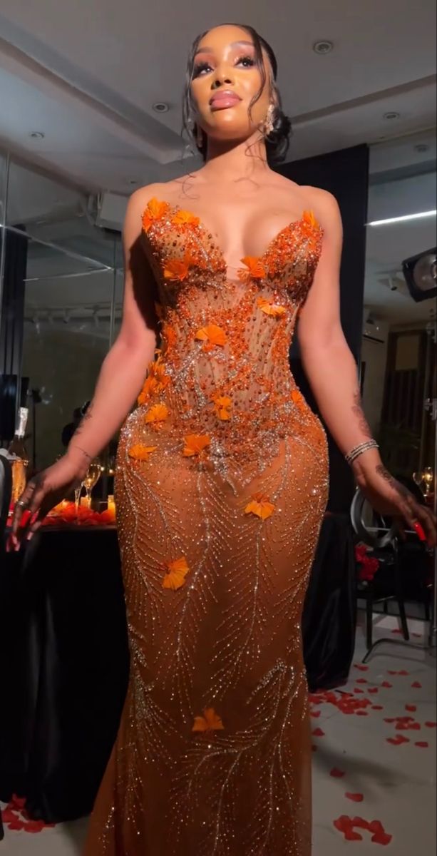 strapless open back dress A-line Square Neck Orange Prom Dress Beautiful Beaded long Formal Dres –  SELINADRESS
