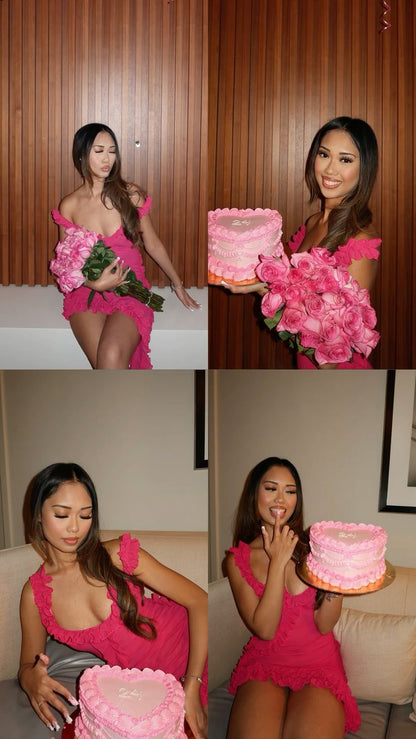 Süßes Rüschen-Dekolleté Rosa Rückenloses Geburtstagskleid Kurzer Rock Heimkehrkleid P3947