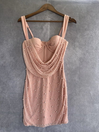 Niedliches rosa Trägerkleid mit Hohlperlen, figurbetont, zum 17. Geburtstag, Homecoming-Kleid P3950