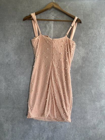 Niedliches rosa Trägerkleid mit Hohlperlen, figurbetont, zum 17. Geburtstag, Homecoming-Kleid P3950