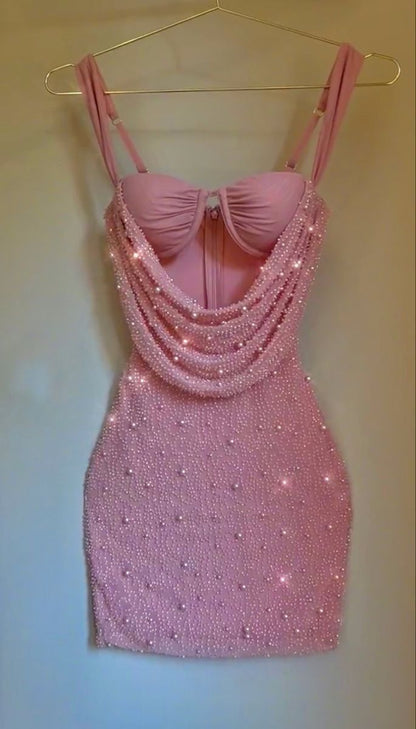 Niedliches rosa Trägerkleid mit Hohlperlen, figurbetont, zum 17. Geburtstag, Homecoming-Kleid P3950