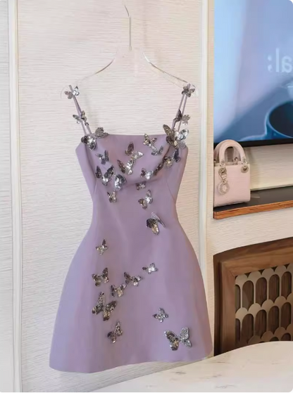 Charmantes lila Schmetterlings-Träger-Satin-Kleid zum 17. Geburtstag Homecoming P3957