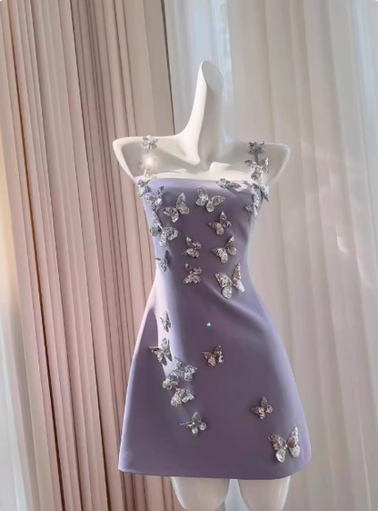 Charmantes lila Schmetterlings-Träger-Satin-Kleid zum 17. Geburtstag Homecoming P3957