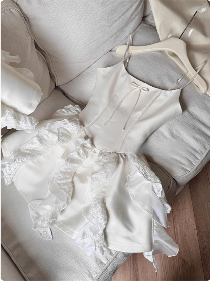 Süßes weißes Bogen Satin Spitze Rüschen 17. Geburtstag Homecoming Kleid P3958
