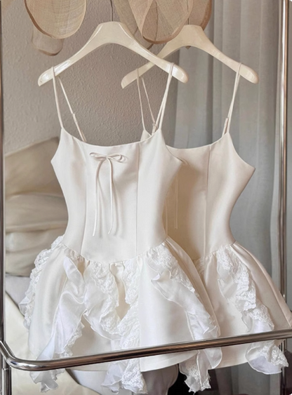 Süßes weißes Bogen Satin Spitze Rüschen 17. Geburtstag Homecoming Kleid P3958