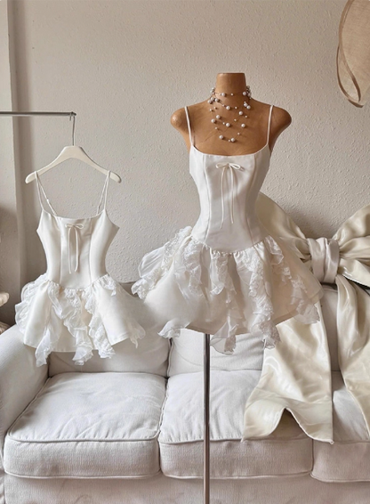 Süßes weißes Bogen Satin Spitze Rüschen 17. Geburtstag Homecoming Kleid P3958