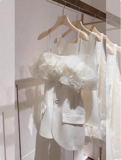 Designer-Anzug, gerüschtes Satinoberteil, Hosenträger, Geburtstagsrock, Ballkleid P3959