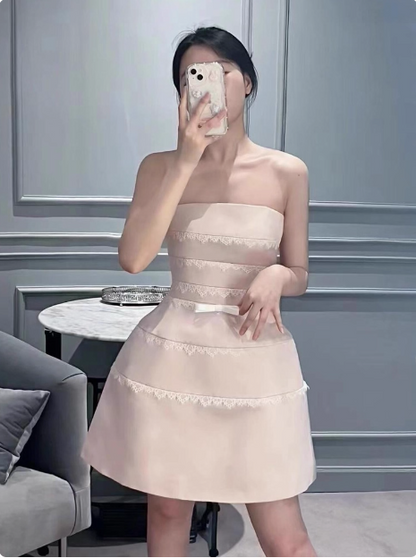 Niedliches pinkfarbenes Satin-Spitzenkleid mit Hosenträgern zum 17. Geburtstag Homecoming P3964