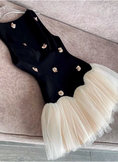 Süßes ärmelloses florales Satin-Tüll-Minikleid zum 17. Geburtstag, Homecoming-Kleid P3968