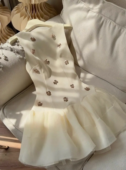 Süßes ärmelloses florales Satin-Tüll-Minikleid zum 17. Geburtstag, Homecoming-Kleid P3968