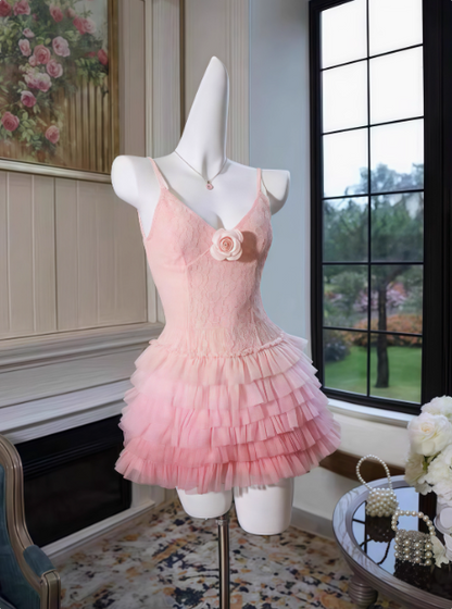 Süßes Gradient-Rosa Spitzen-V-Ausschnitt Prinzessin Puffy Geburtstag Rock Homecoming Kleid P3969