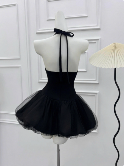 Wunderschönes Neckholder-Kleid in Schwarz mit Mesh-Einsatz und bauschigem Rock für Geburtstag oder Abschlussfeier P3972