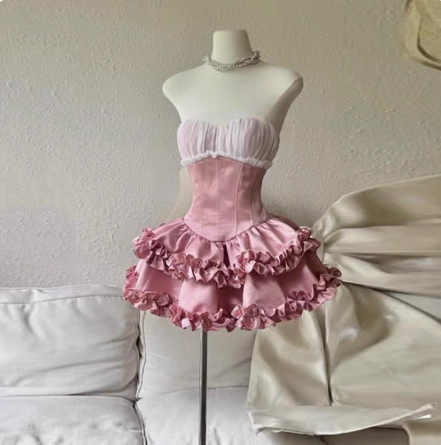 Princess Tube Top Fishbone Waist Ruffled Puffy Birthday Skirt Homecoming Dress P3974
