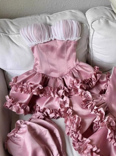 Princess Tube Top Fishbone Waist Ruffled Puffy Birthday Skirt Homecoming Dress P3974