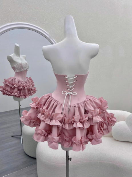 Princess Tube Top Fishbone Waist Ruffled Puffy Birthday Skirt Homecoming Dress P3974