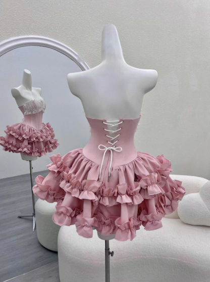Prinzessin Bandeau-Top Fischgrät-Taille Rüschen Puffiger Geburtstag Rock Homecoming Kleid P3974