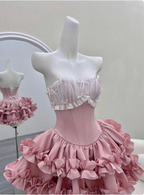 Princess Tube Top Fishbone Waist Ruffled Puffy Birthday Skirt Homecoming Dress P3974
