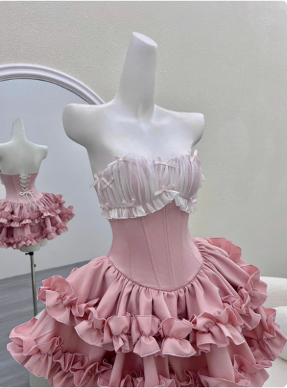 Prinzessin Bandeau-Top Fischgrät-Taille Rüschen Puffiger Geburtstag Rock Homecoming Kleid P3974